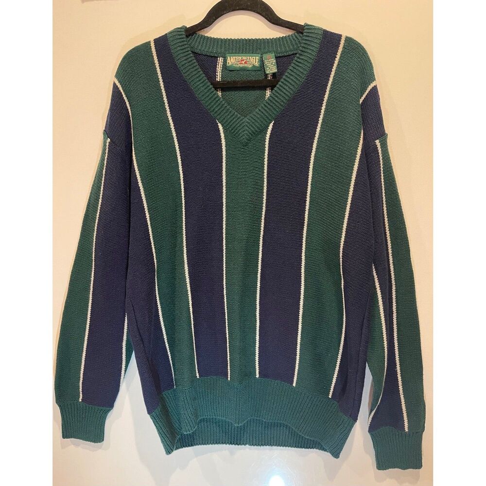 American Eagle Outfitters 90s Men's Md vintage navy green vertical V-neck 90s